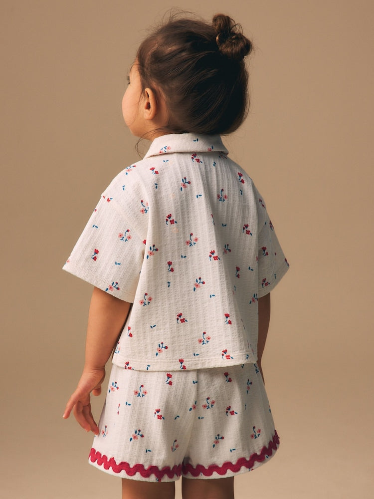 Ecru White Ditsy Flower Short Sleeve Button Shirt and Shorts Set (3mths-7yrs)