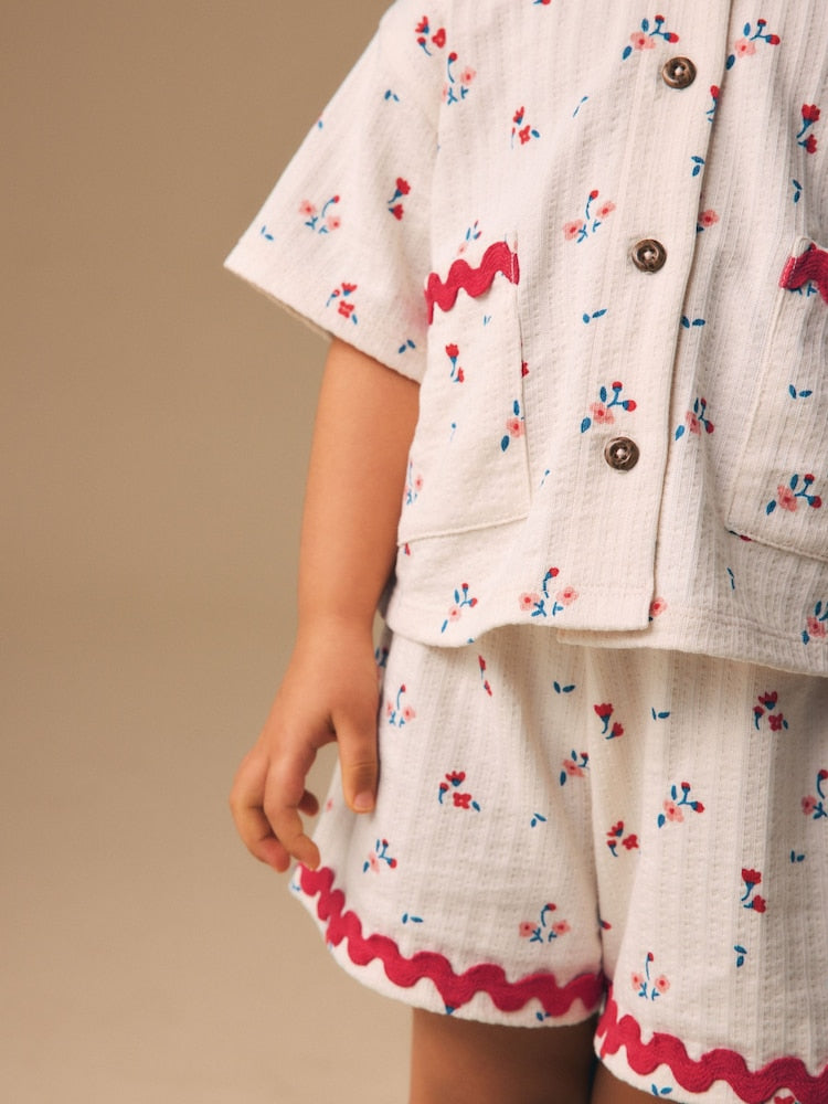 Ecru White Ditsy Flower Short Sleeve Button Shirt and Shorts Set (3mths-7yrs)