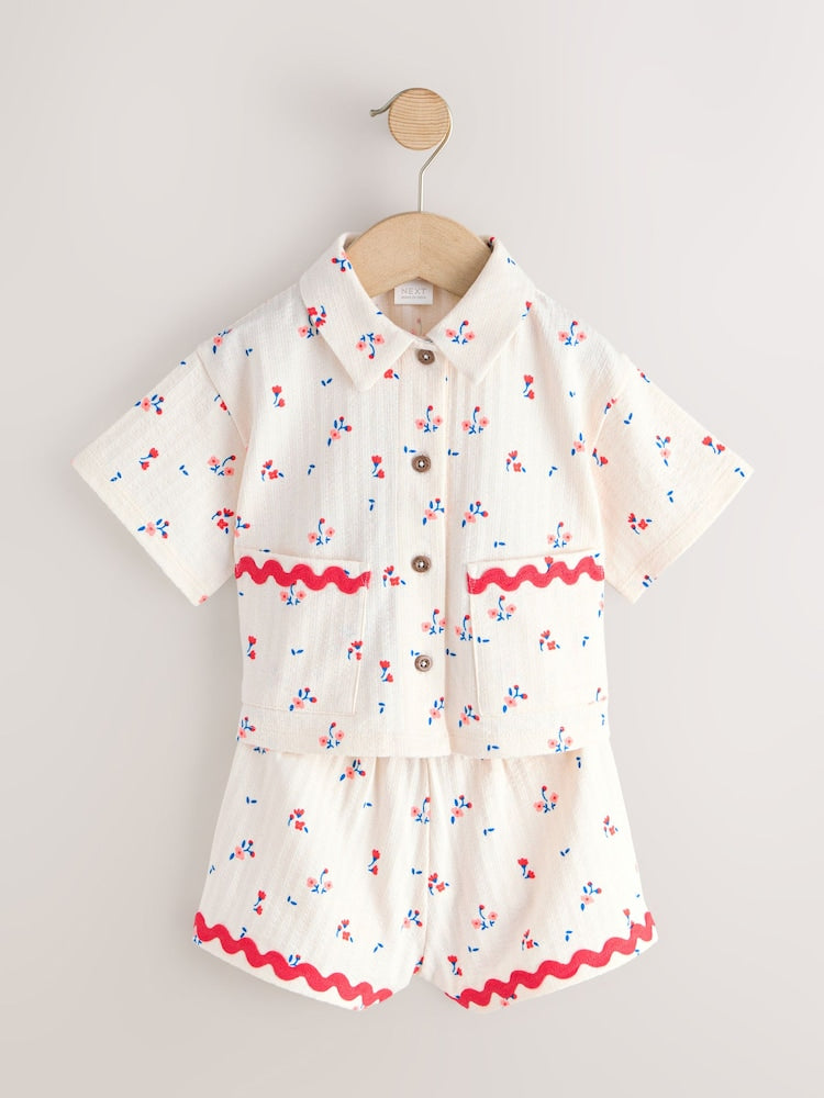 Ecru White Ditsy Flower Short Sleeve Button Shirt and Shorts Set (3mths-7yrs)