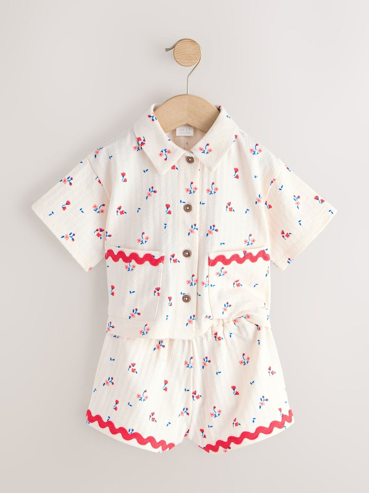 Ecru White Ditsy Flower Short Sleeve Button Shirt and Shorts Set (3mths-7yrs)