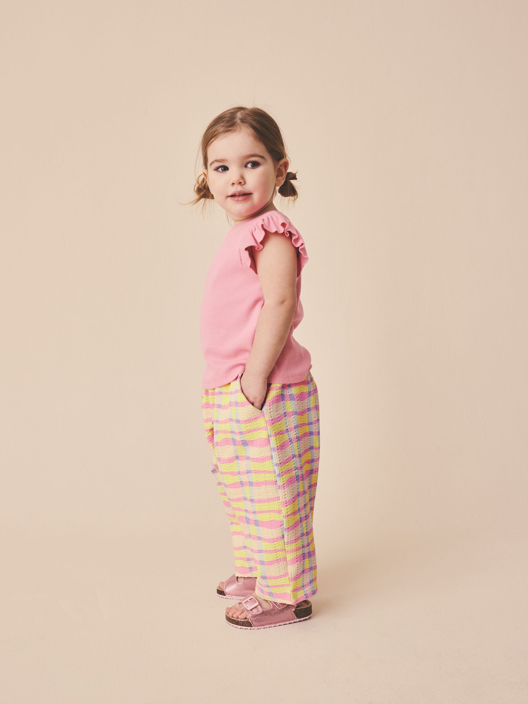 Pink/Yellow Check Barrel Leg Trousers (3mths-7yrs)