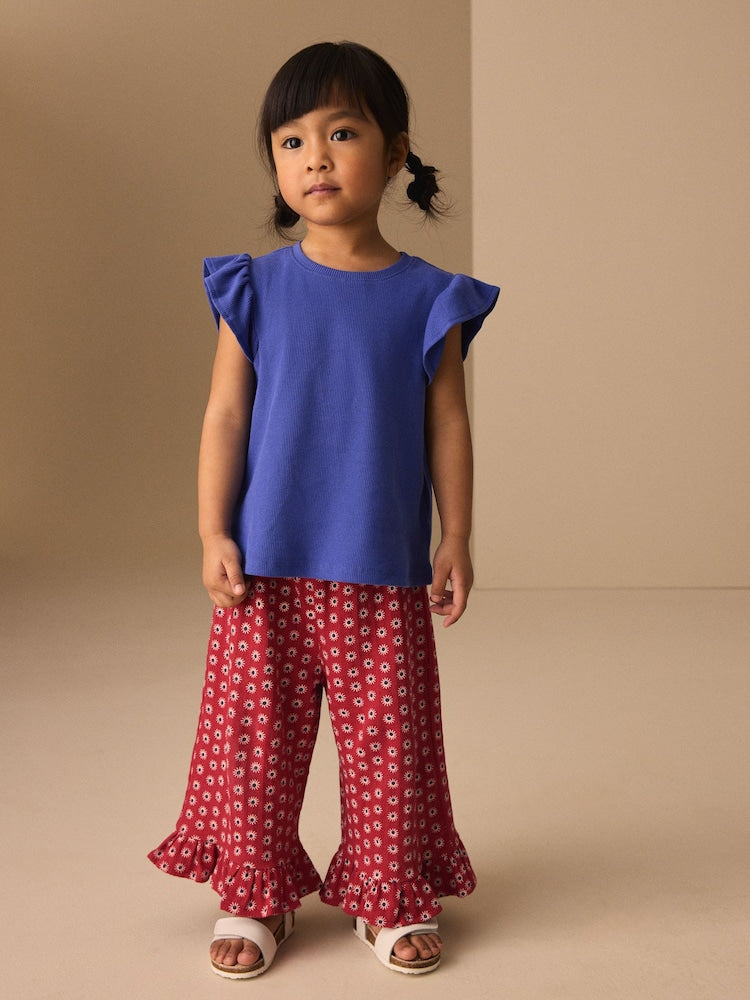 Red Flower Wide Leg Frill Trousers (3mths-7yrs)
