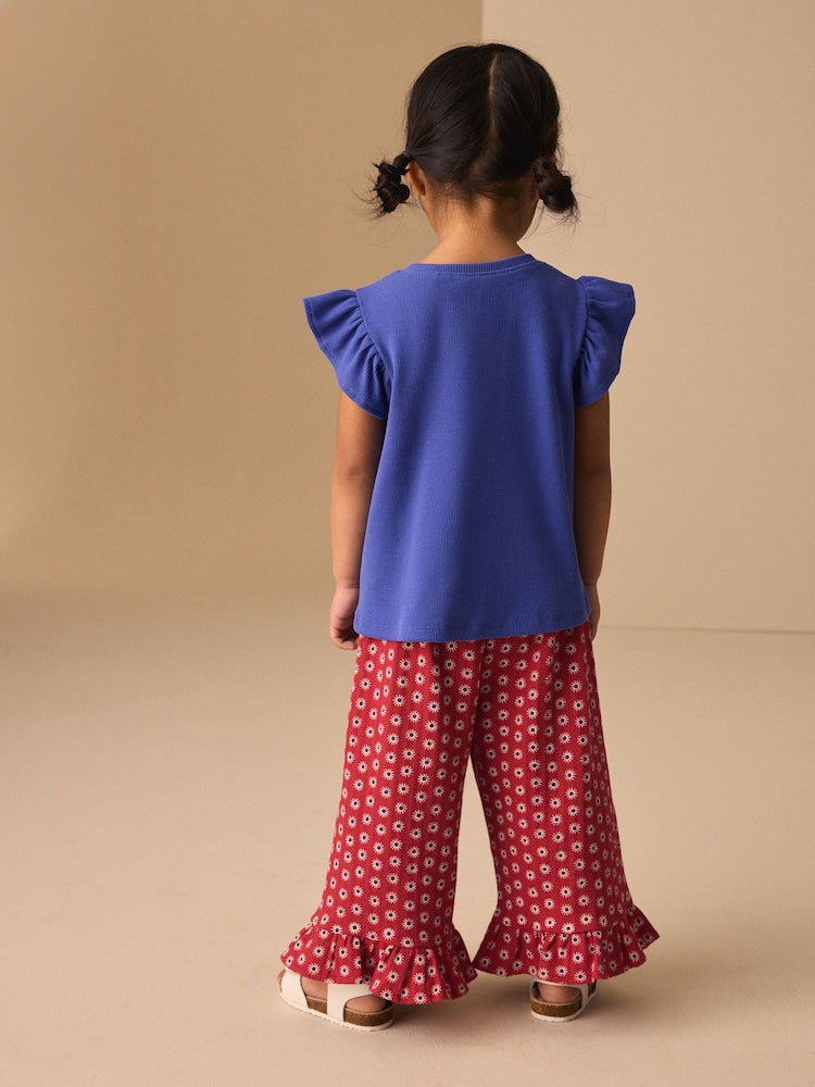 Red Flower Wide Leg Frill Trousers (3mths-7yrs)