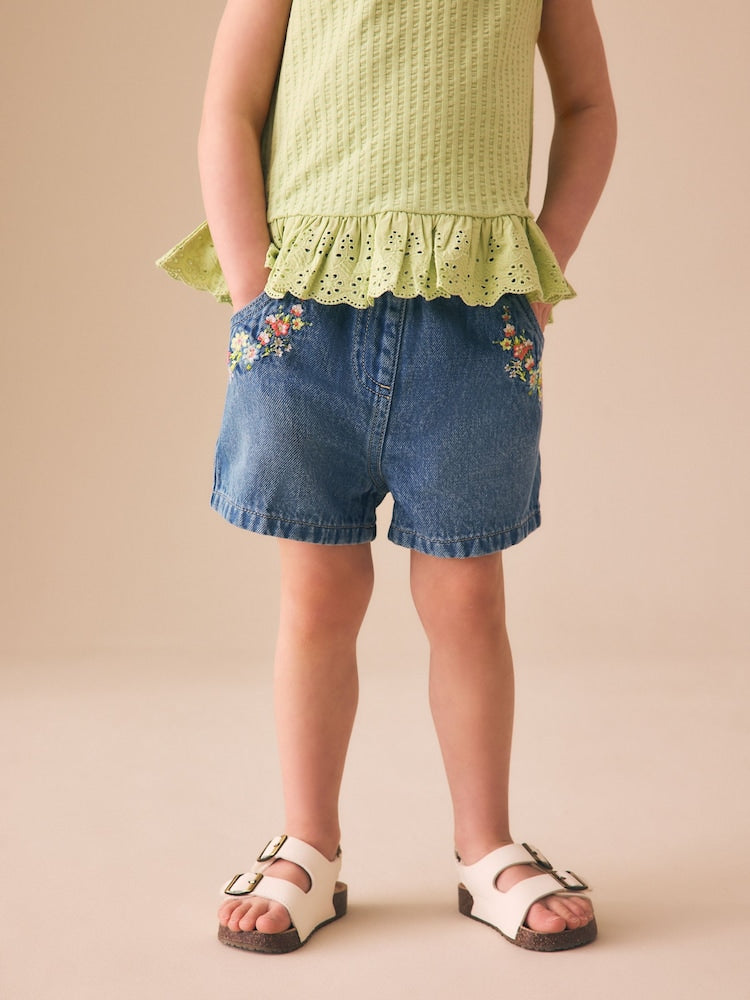 Mid Blue Denim Embroidered Flower Pull On Denim Shorts (3mths-10yrs) - Mid Blue Denim Embroidered Flower Pull On Denim / 12-18 Months (80-86cm)