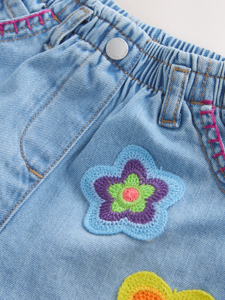 Mid Denim Crochet Flower Pull On Denim