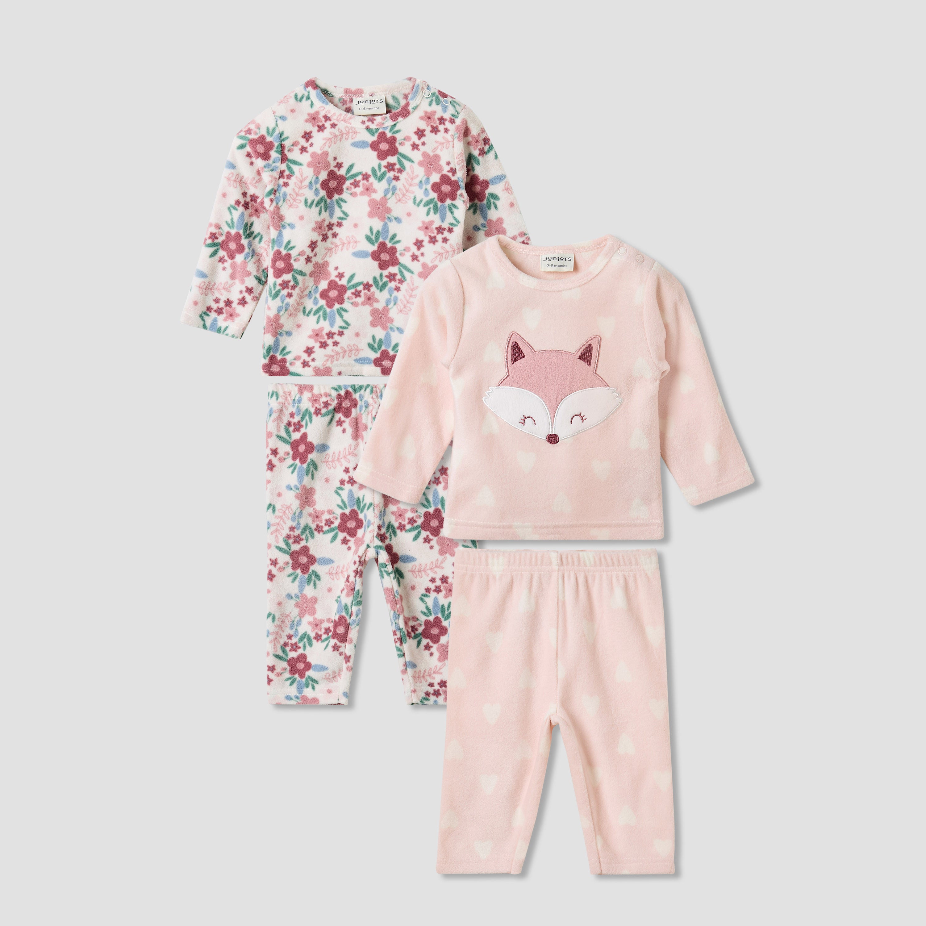 Juniors Pyjama Set with Assorted Print - Polyester - Long Sleeves - Round Neck - Pack of 2 - Pink / 12-18 mths