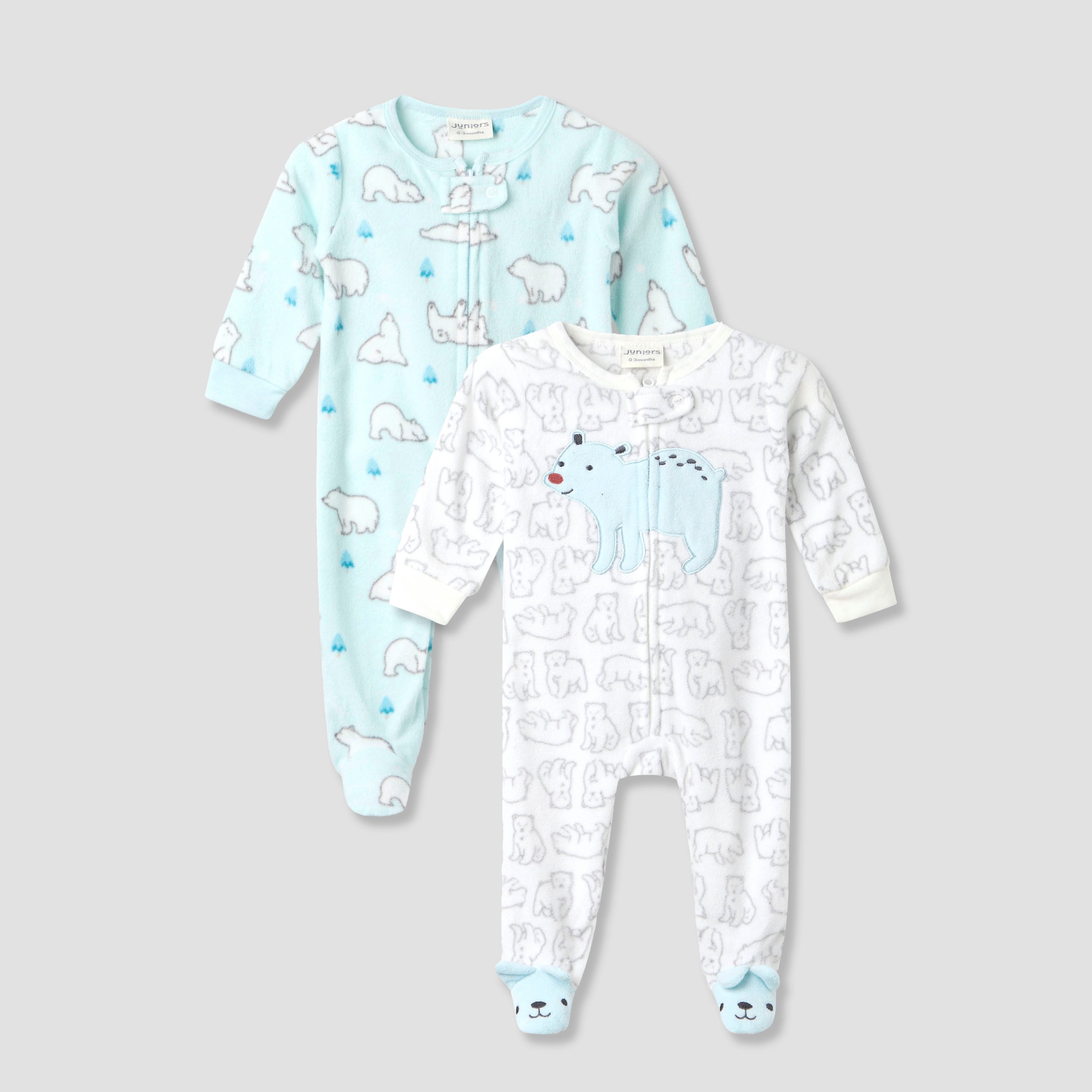 Juniors Round Neck Sleepsuit with Polar Bear Print - Polyester - Long Sleeves - Set of 2 - Multicolour / 9-12 mths
