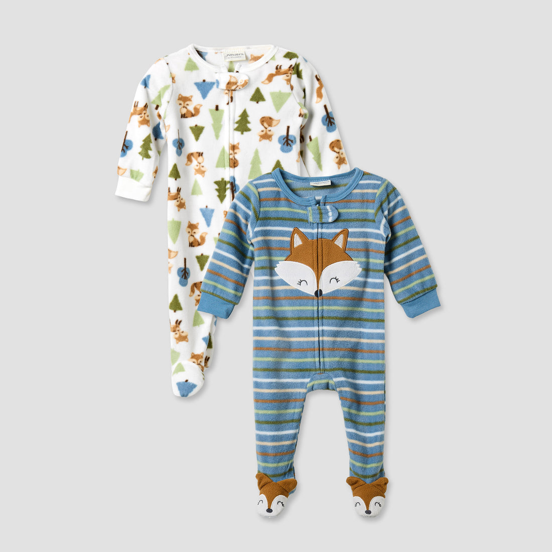 Juniors Round Neck Sleepsuit with Closed Feet - Polyester - Long Sleeves - Set of 2 - Blue / 9-12 mths
