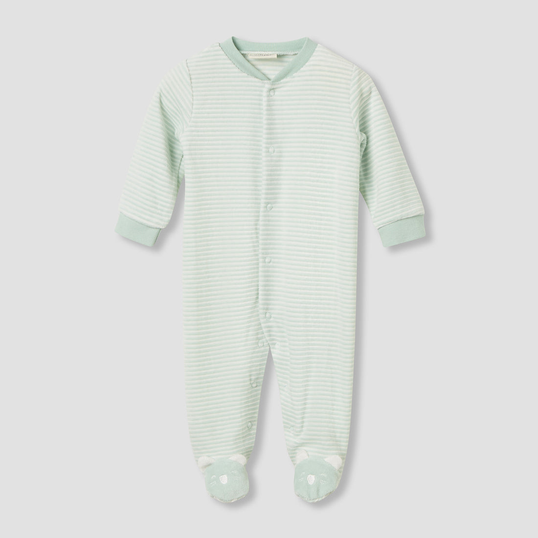 Juniors Crew Neck Sleepsuit with Stripes - Cotton Blend - Long Sleeves - Green / 9-12 mths
