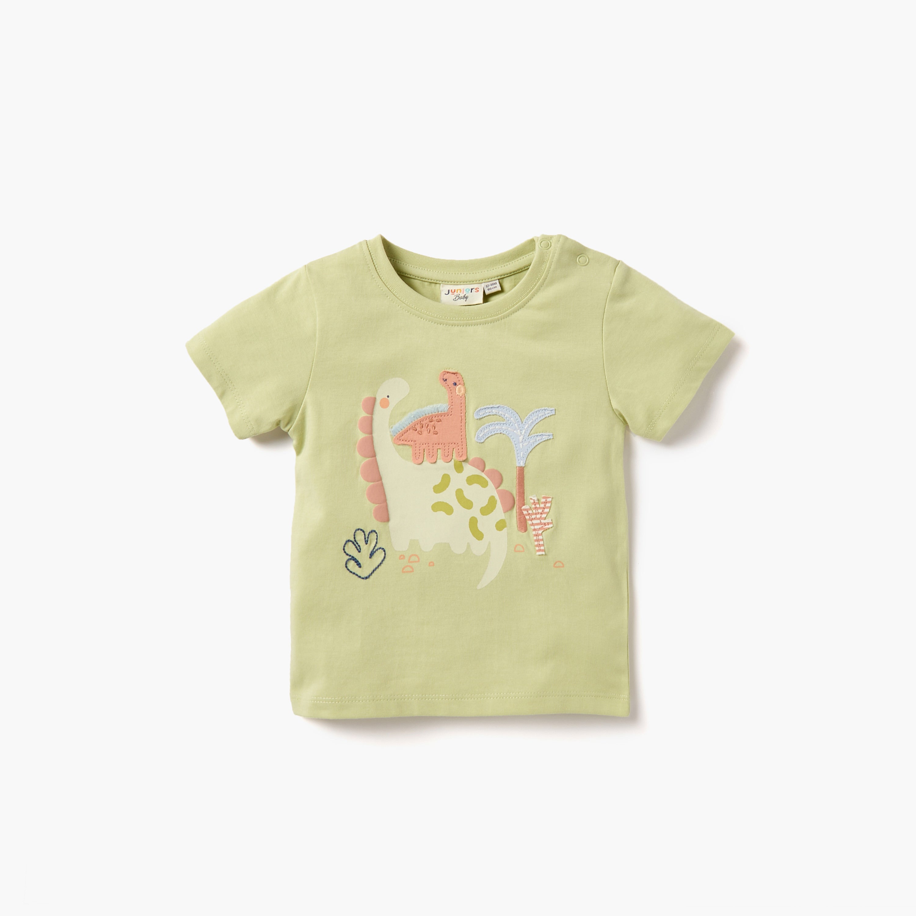 Juniors Dino Print Crew Neck T-shirt with Button Closure - Set of 3