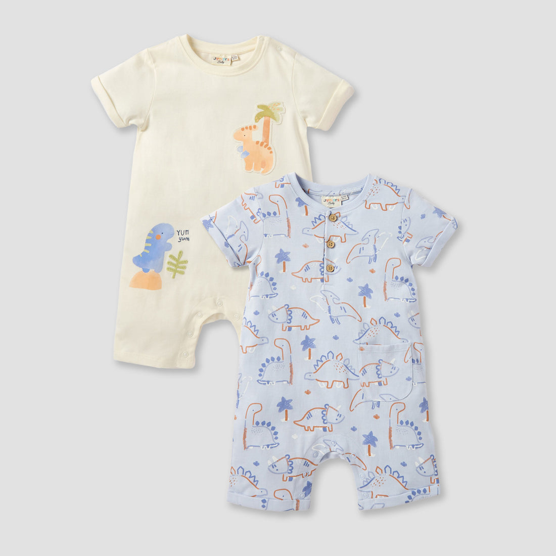 Juniors Dinosaur Print Romper with Crew Neck - Set of 2