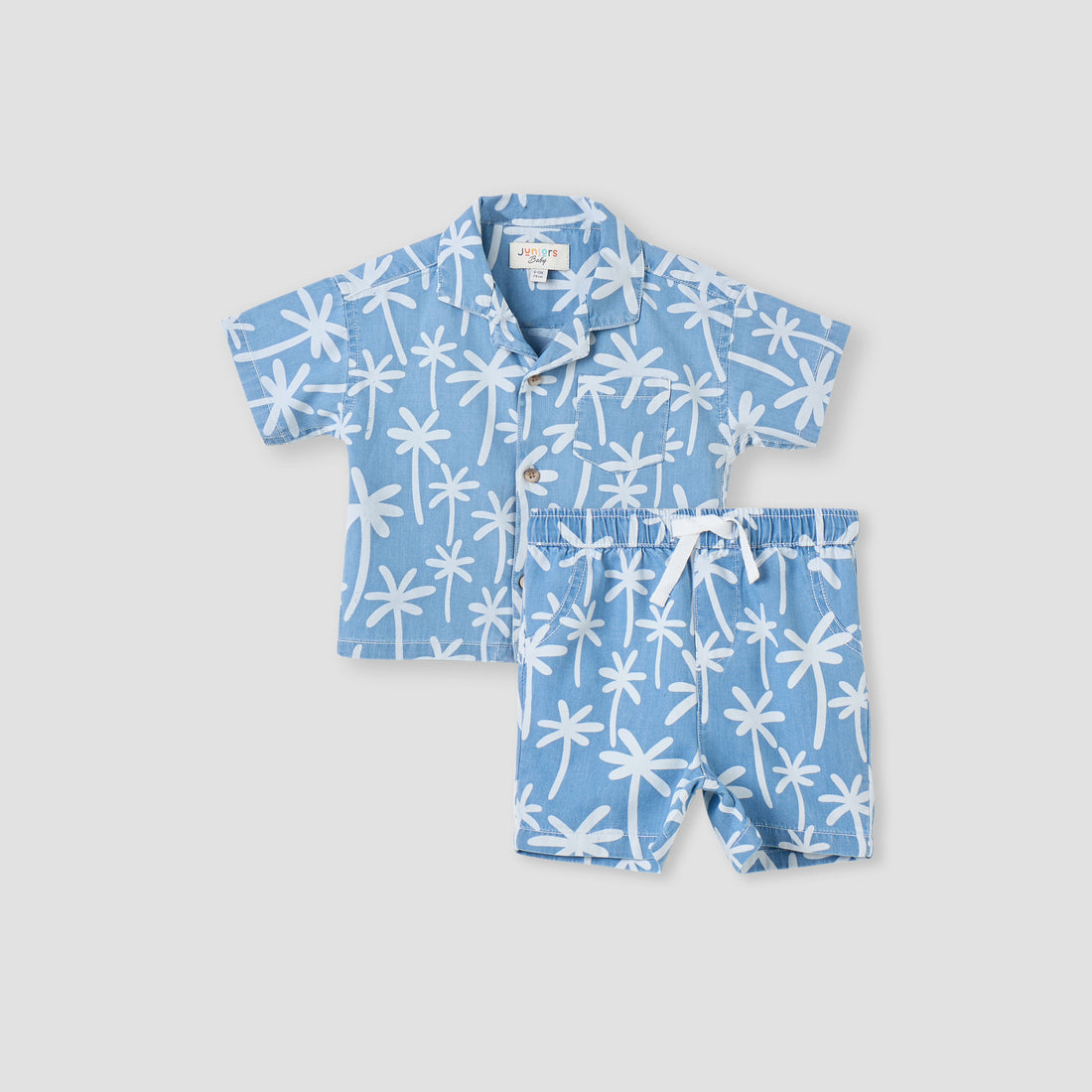 Juniors All-Over Palm Tree Print Shirt and Shorts Set - Blue / 12-18 mths