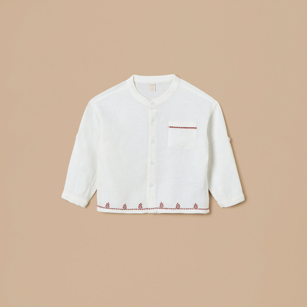 Giggles Embroidered Mandarin Collar Shirt with Button Closure and Front Pocket