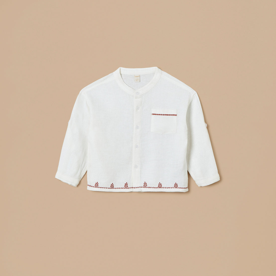 Giggles Embroidered Mandarin Collar Shirt with Button Closure and Front Pocket