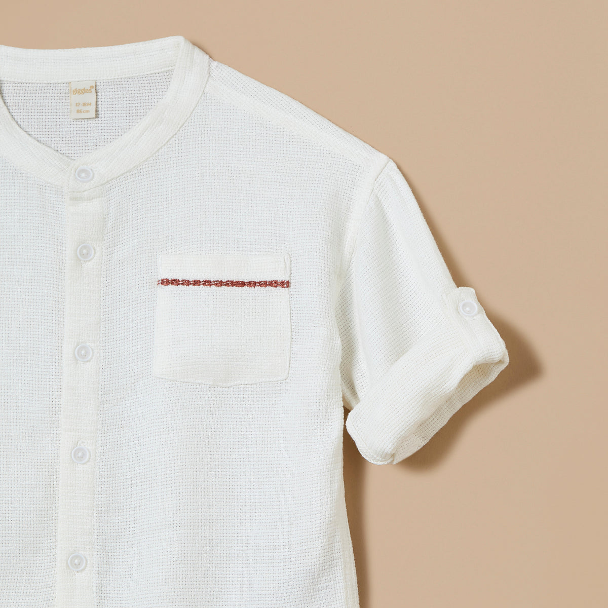 Giggles Embroidered Mandarin Collar Shirt with Button Closure and Front Pocket