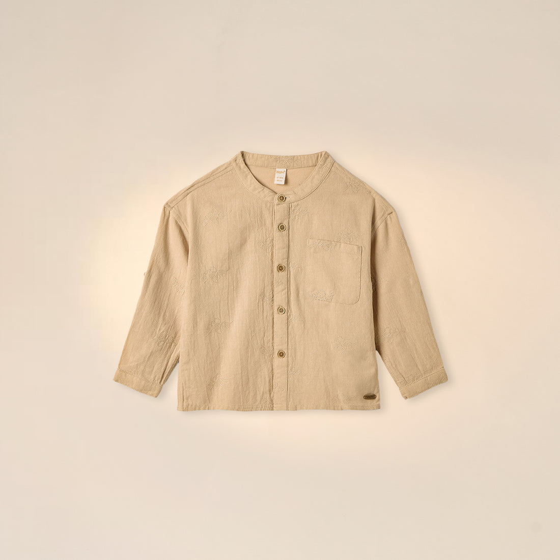 Giggles Embroidered Shirt with Mandarin Collar and Long Sleeves