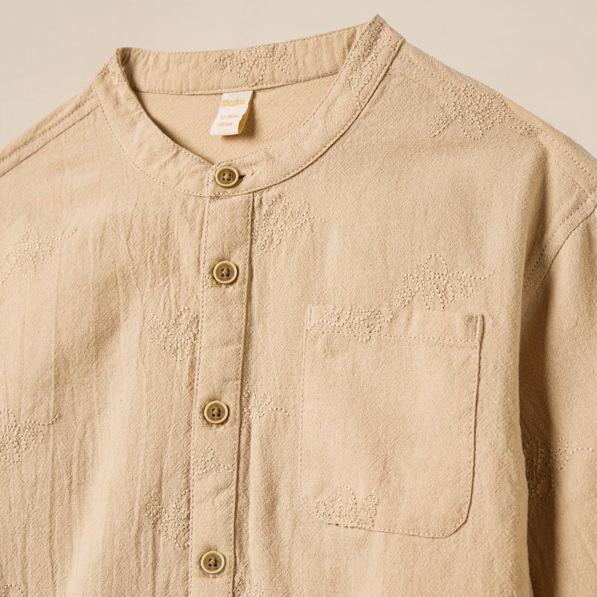 Giggles Embroidered Shirt with Mandarin Collar and Long Sleeves