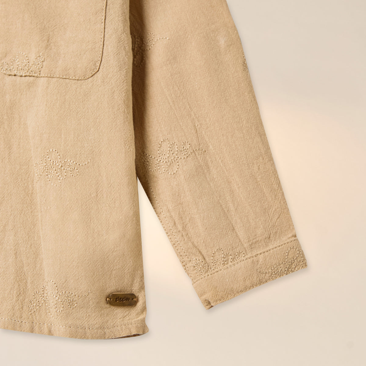 Giggles Embroidered Shirt with Mandarin Collar and Long Sleeves