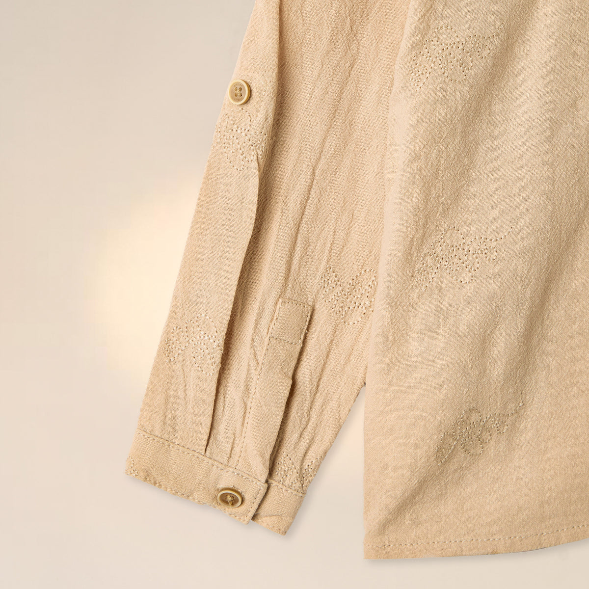 Giggles Embroidered Shirt with Mandarin Collar and Long Sleeves