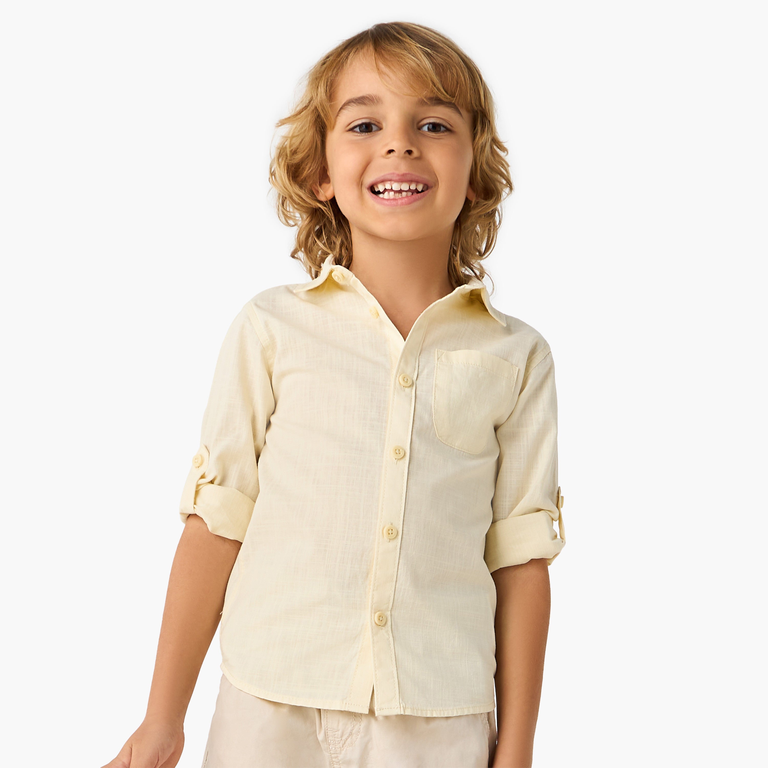 Juniors Solid Shirt with Collar and Long Sleeves