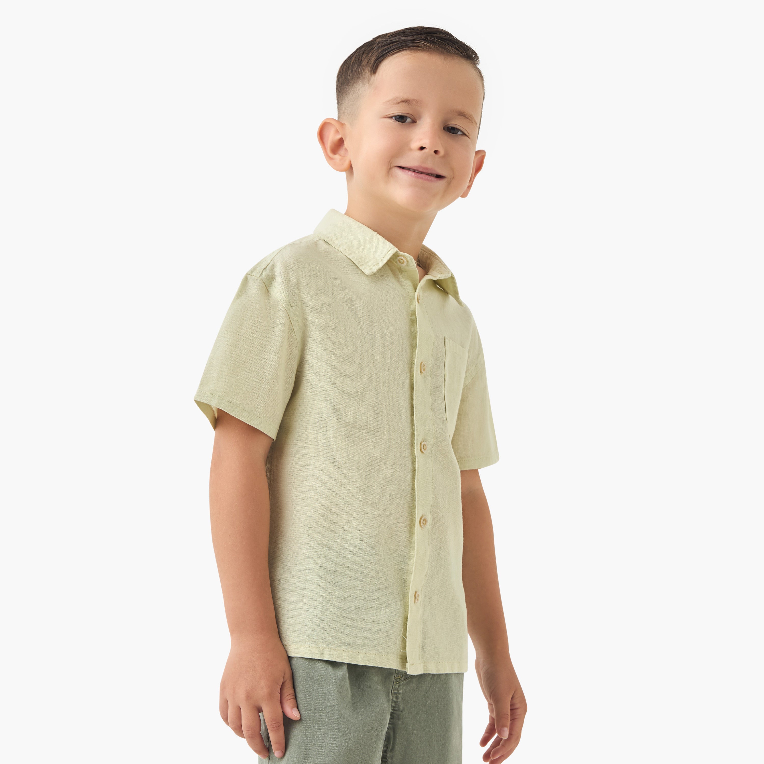 Juniors Solid Shirt with Short Sleeves and Chest Pocket - Green / 1-2 yrs