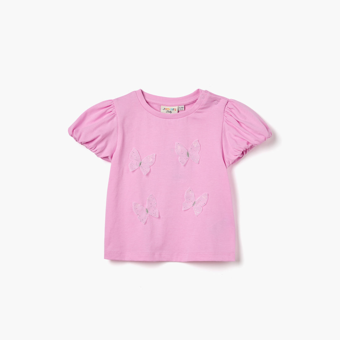 Juniors Butterfly Applique T-shirt with Puff Sleeves - Pink / 12-18 mths