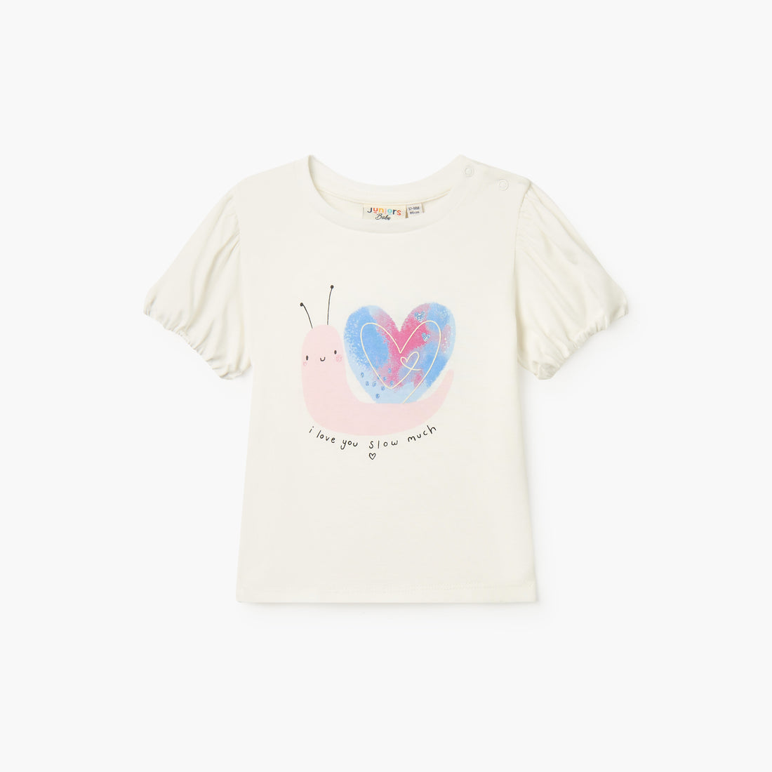 Juniors Snail Print T-shirt with Short Sleeves and Round Neck - Cream / 12-18 mths