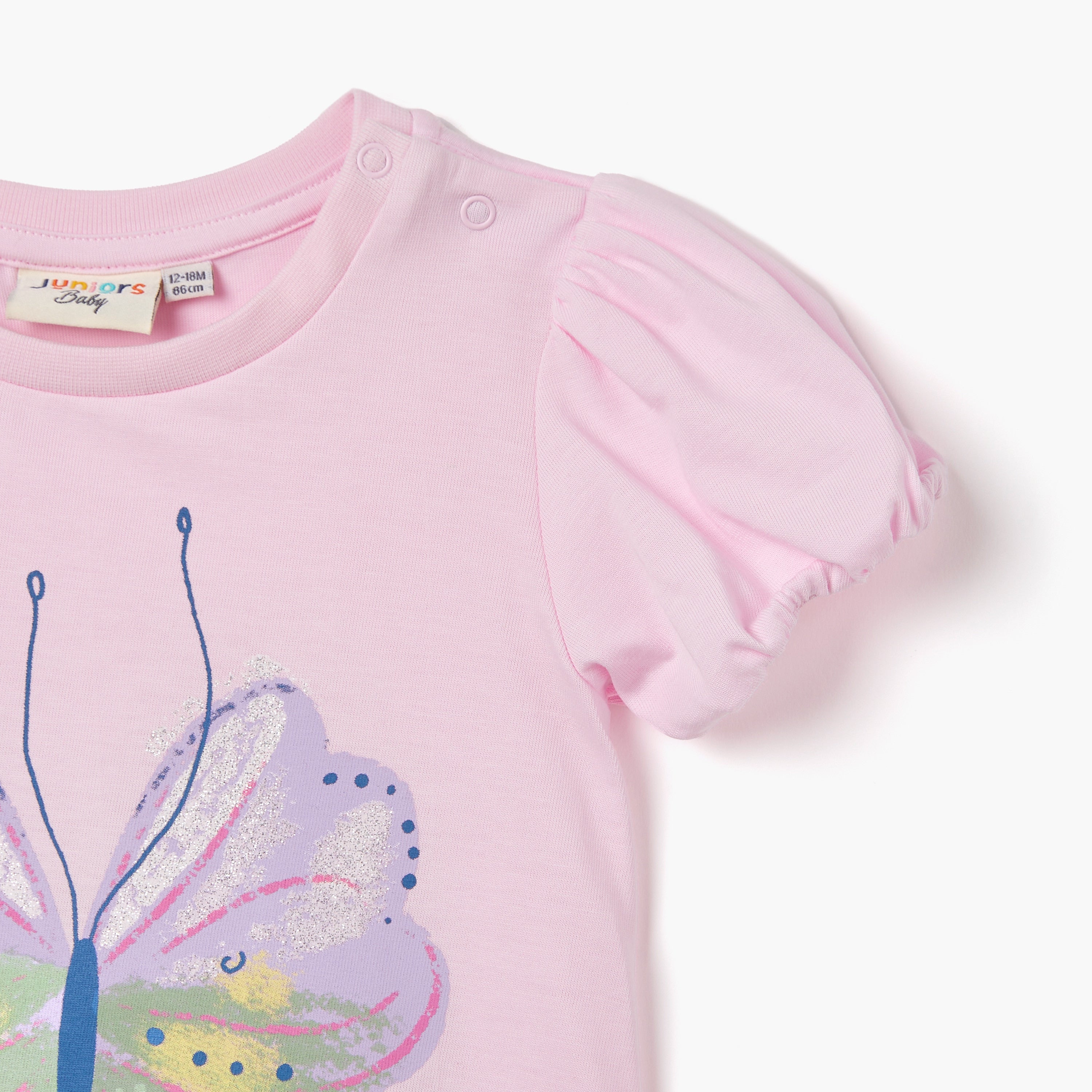 Juniors Butterfly Print T-shirt with Puff Sleeves
