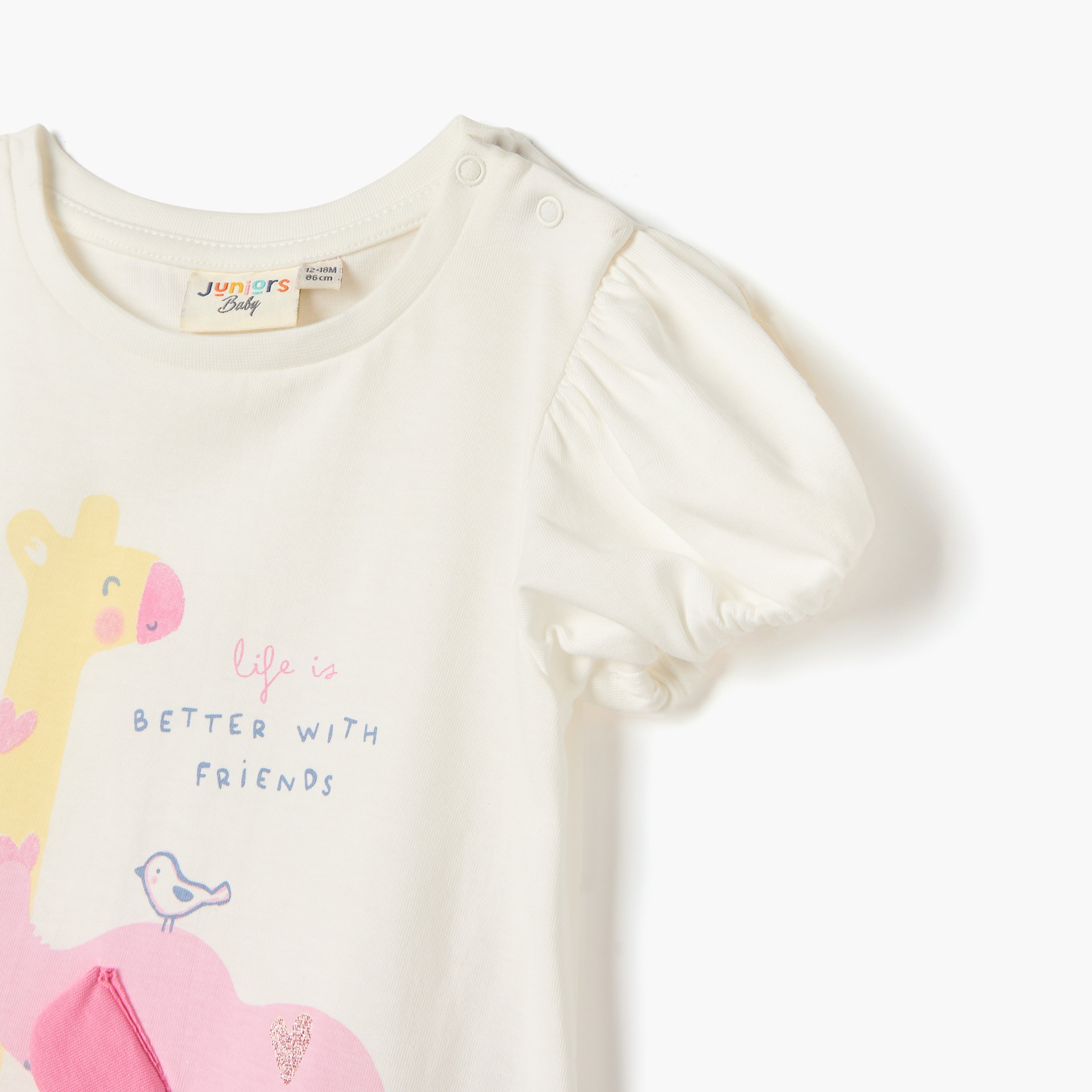 Juniors Graphic Print T-shirt with Puff Sleeves