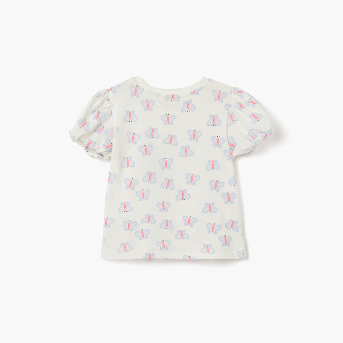 Juniors Butterfly Print Crew Neck T-shirt with Puff Sleeves