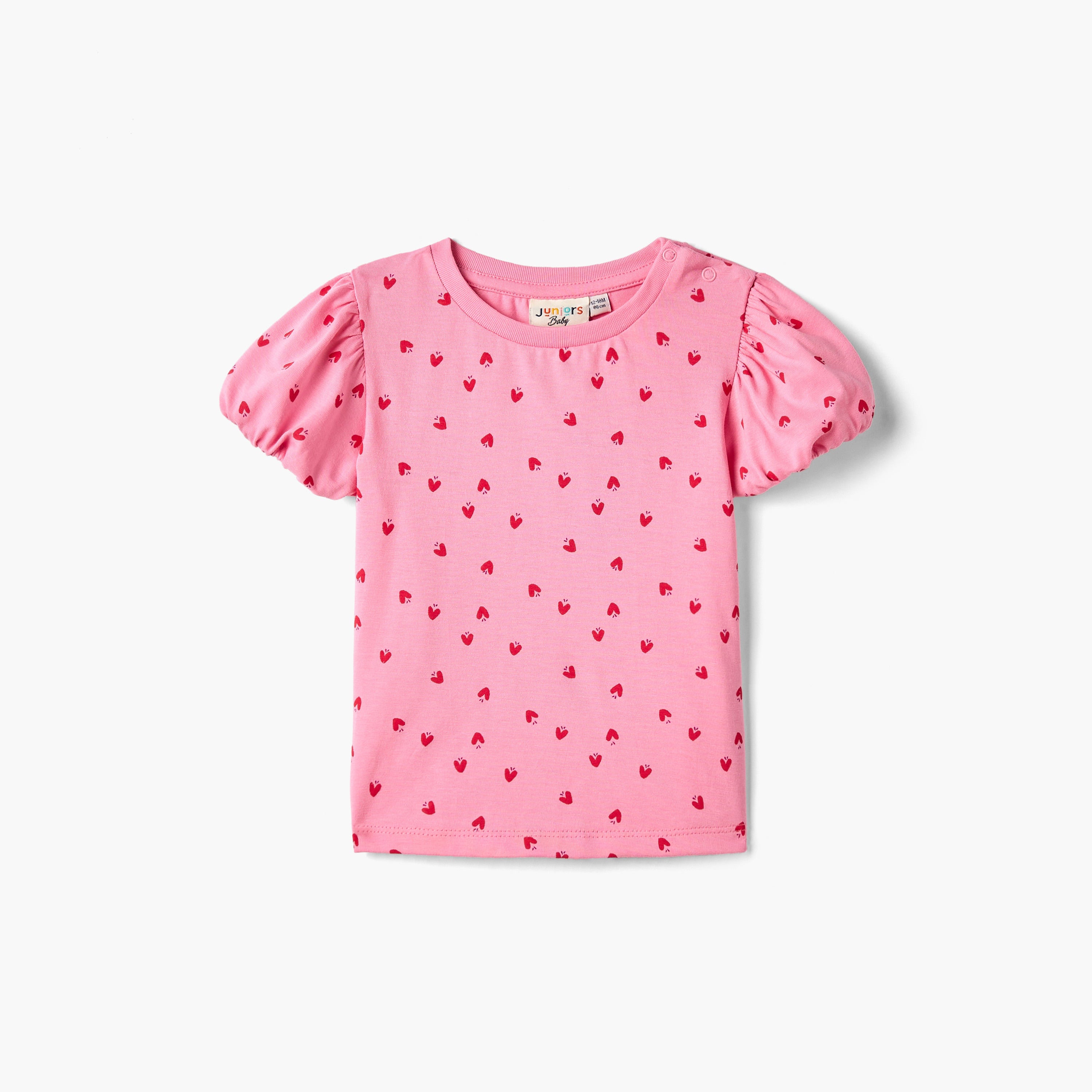 Juniors All-Over Heart Print T-shirt with Balloon Sleeves - Pink / 12-18 mths