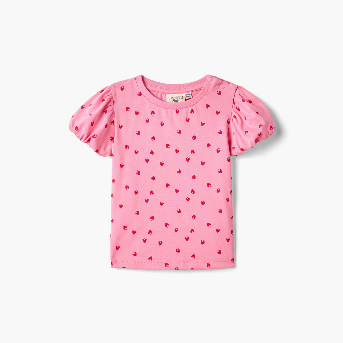Juniors All-Over Heart Print T-shirt with Balloon Sleeves - Pink / 12-18 mths