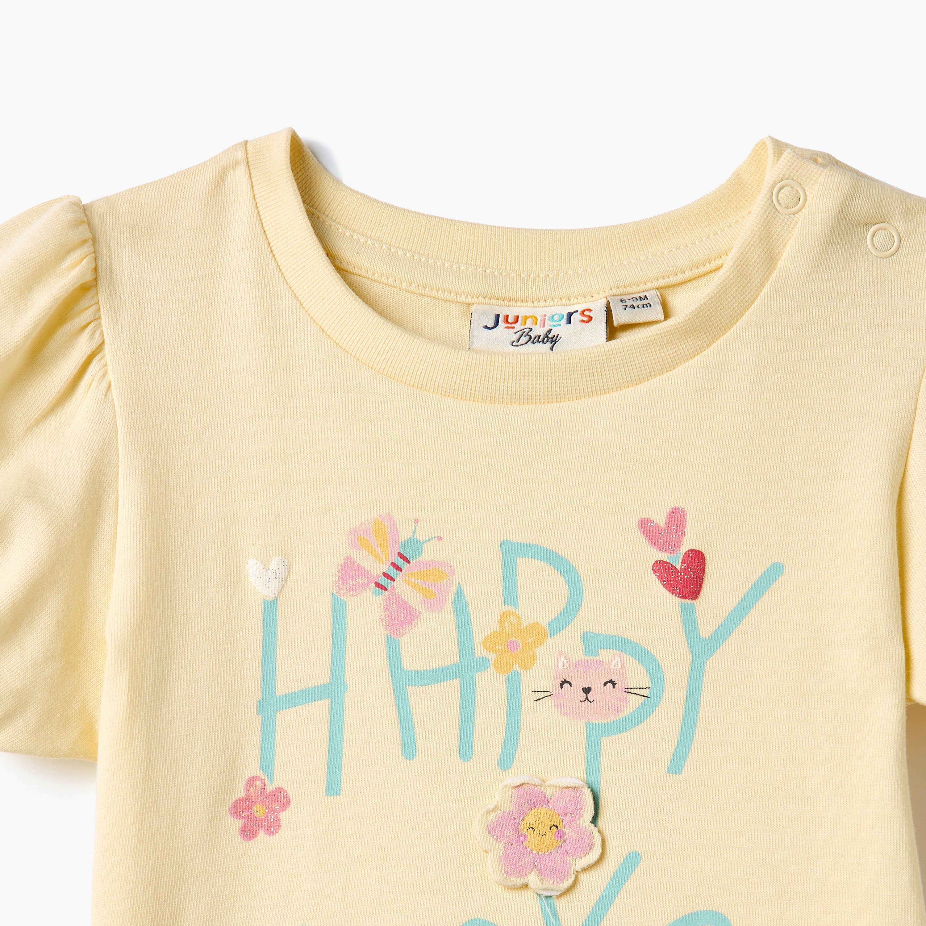 Juniors Graphic Print T-shirt with Puff Sleeves