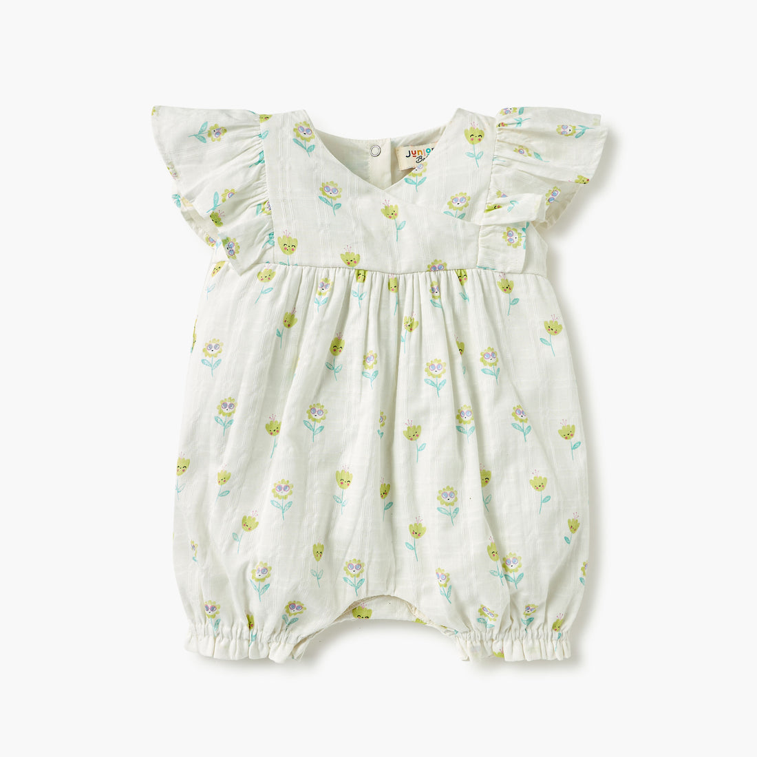 Juniors Floral Print Romper with V-neck and Short Sleeves - White / 12-18 mths