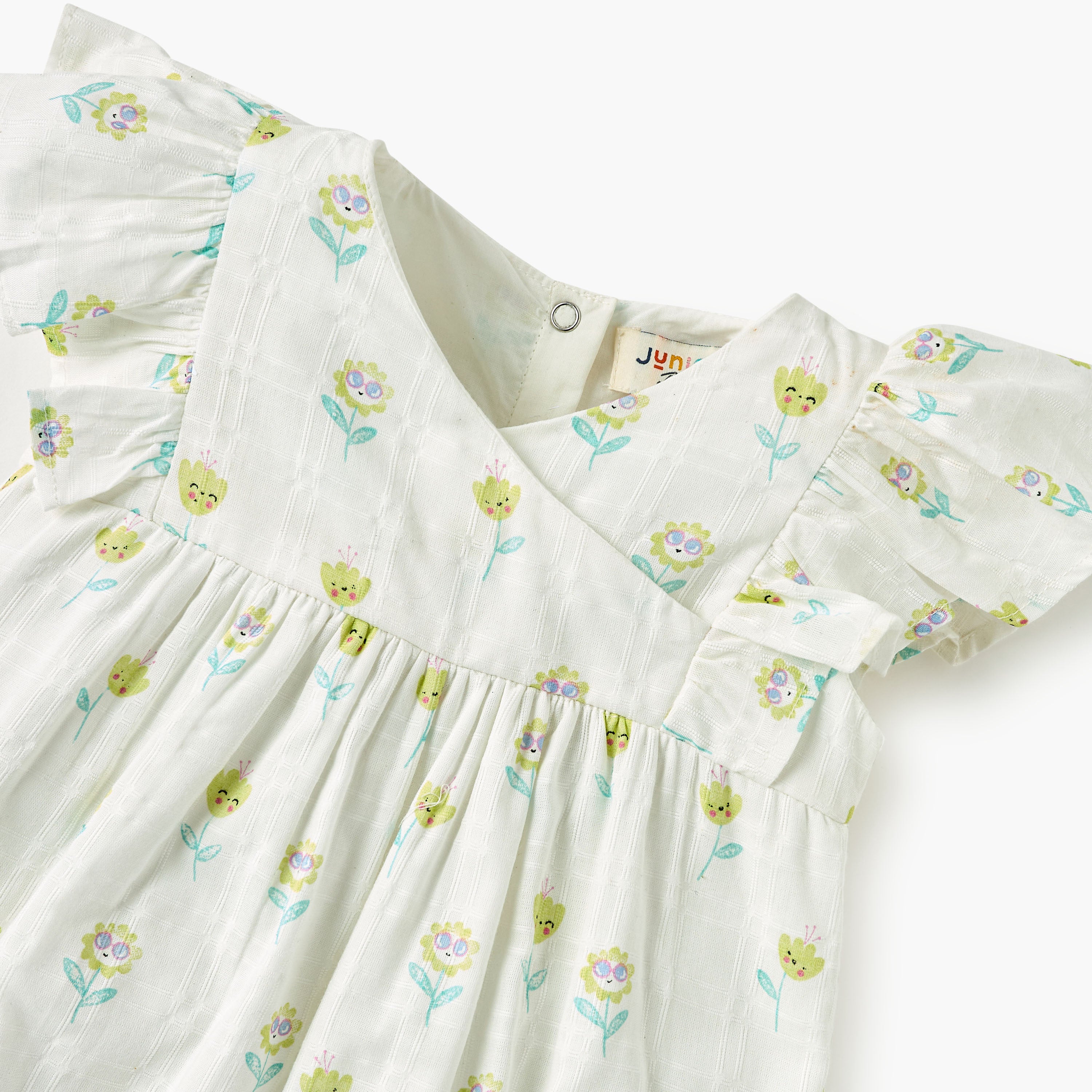 Juniors Floral Print Romper with V-neck and Short Sleeves