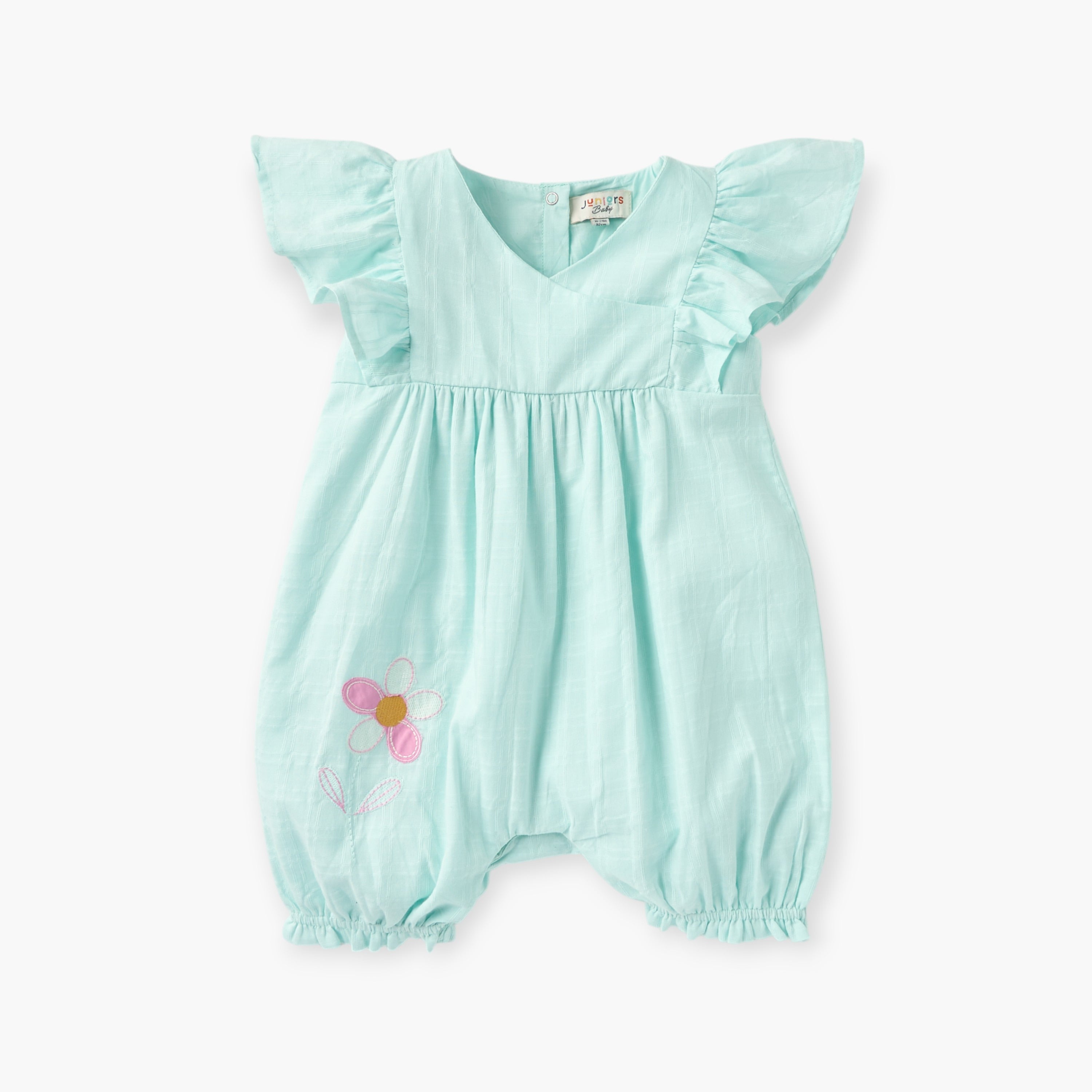 Juniors Floral Embroidered Romper with Ruffle Sleeves - Green / 12-18 mths