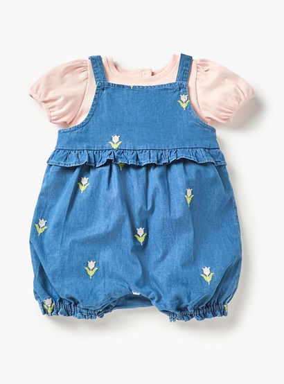 Juniors Embroidered Dungaree and T-shirt Set-baby-girls-clothing-setsandcoords-image-1