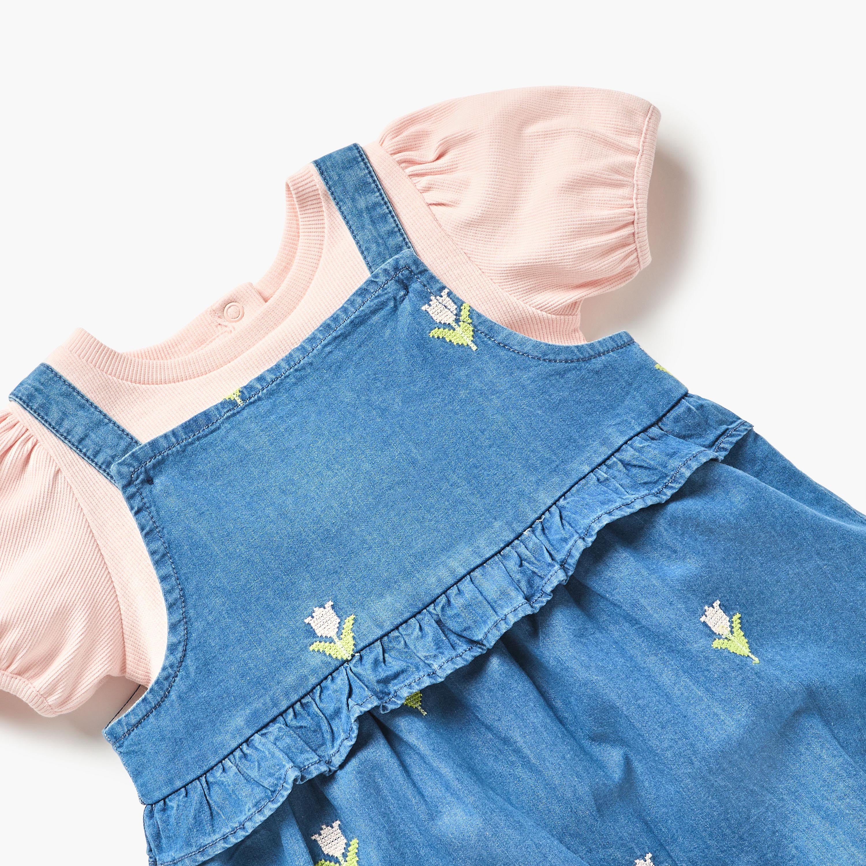 Juniors Embroidered Dungaree and T-shirt Set