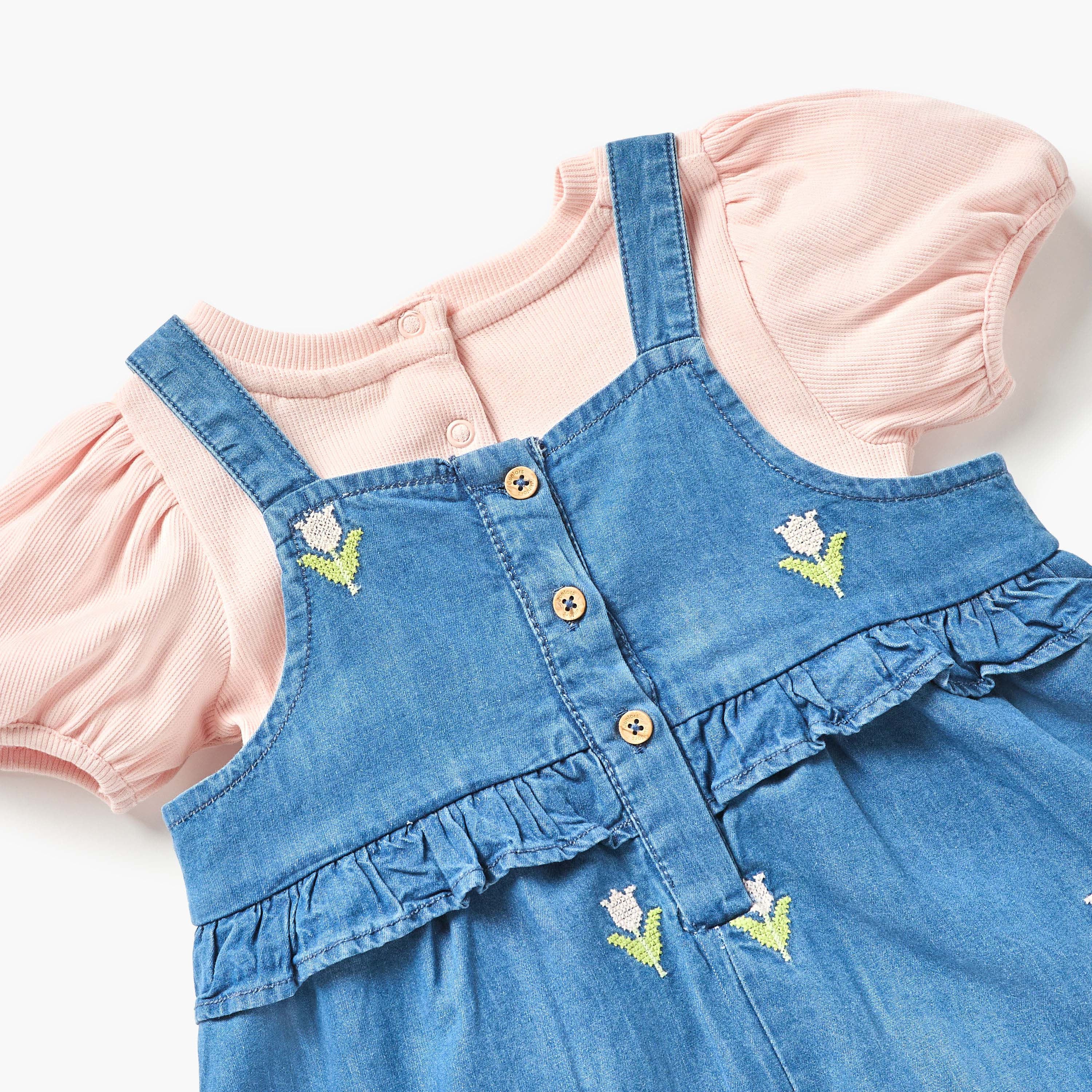 Juniors Embroidered Dungaree and T-shirt Set
