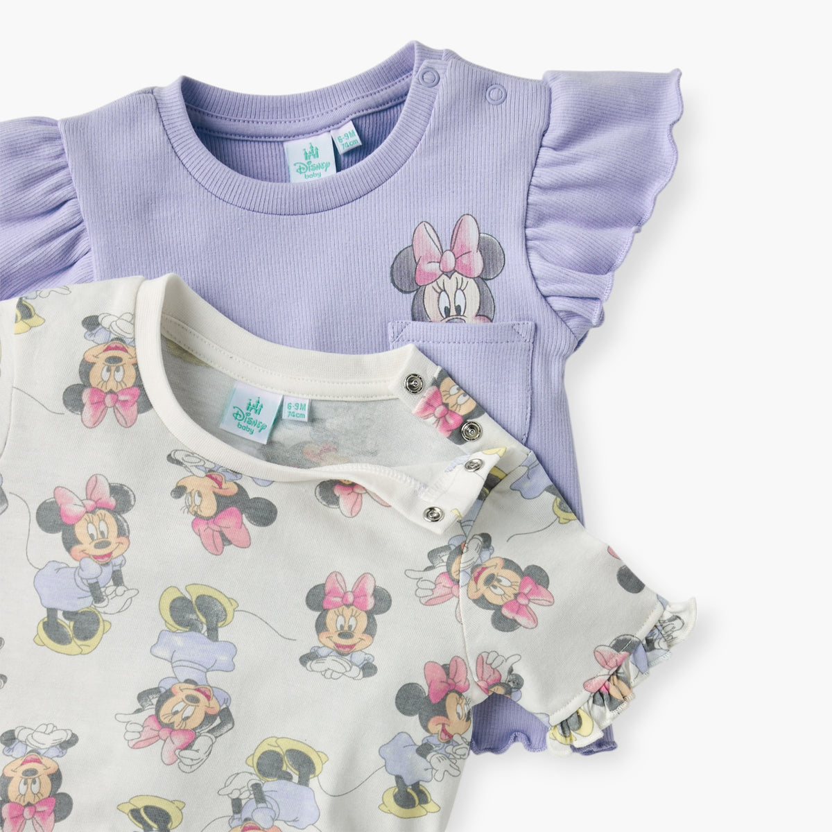 Disney Minnie Mouse Print Crew Neck T-shirt with Button Closure - Set of 2