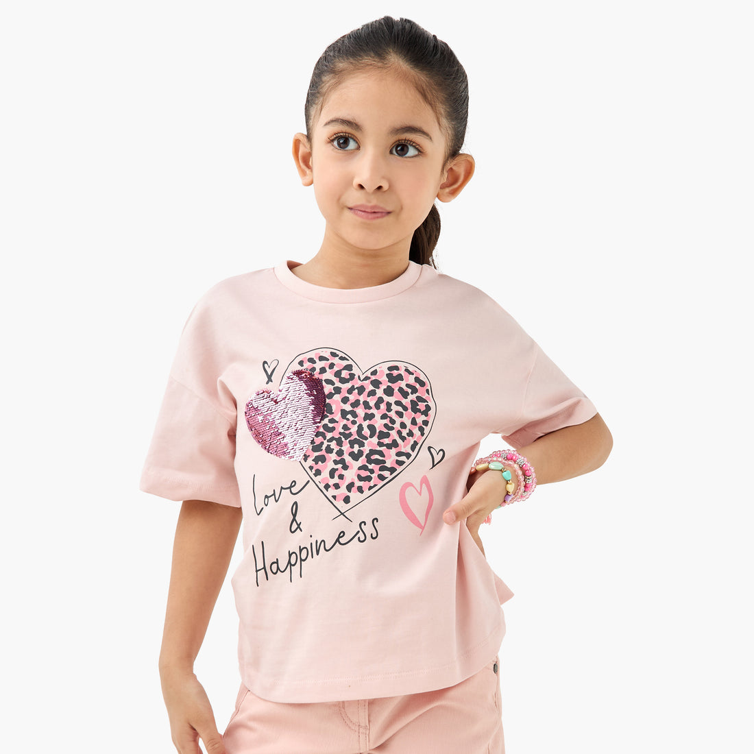Juniors Heart Print T-shirt with Short Sleeves - Pink / 1-2 yrs