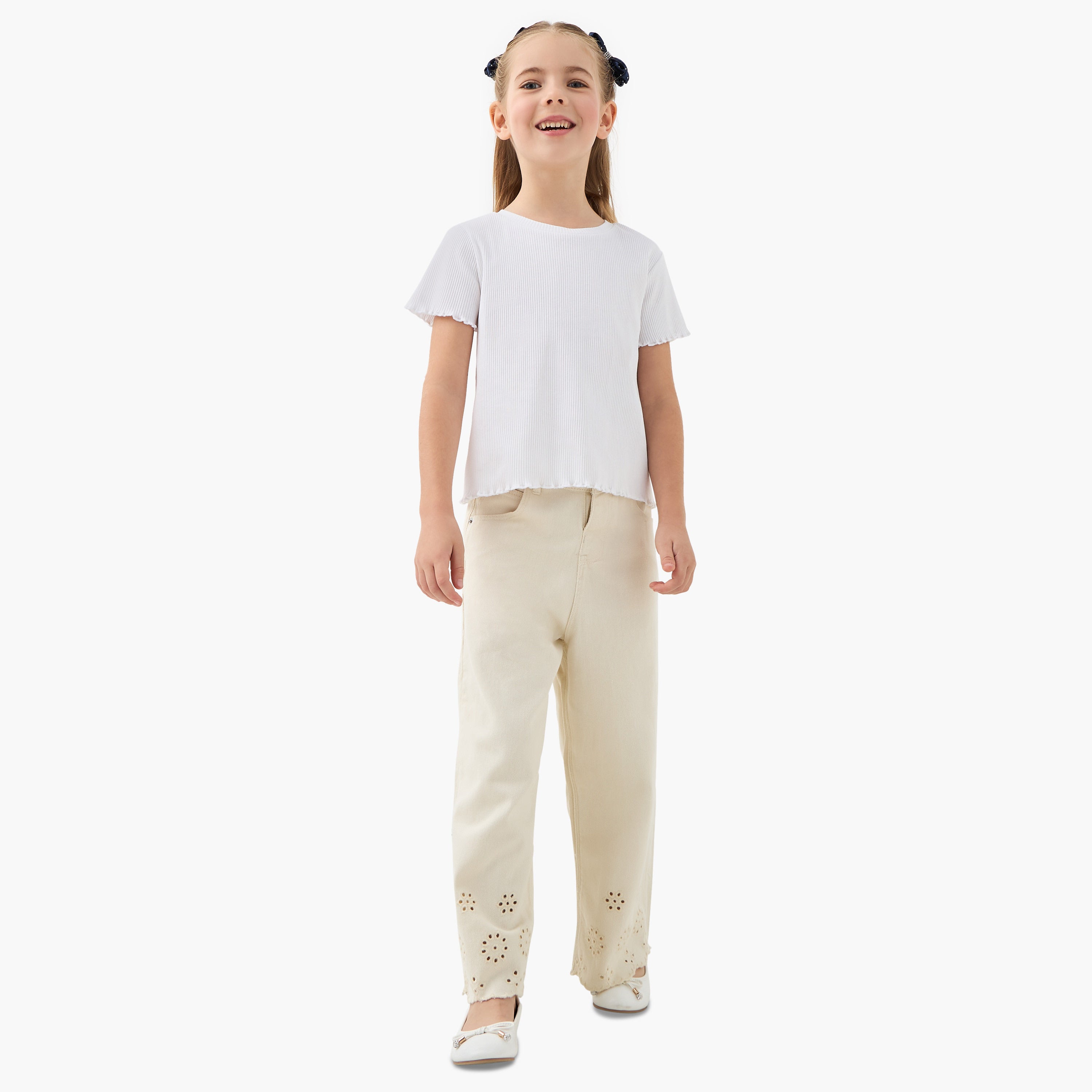 Juniors Ribbed Crew Neck T-shirt with Lettuce Hem