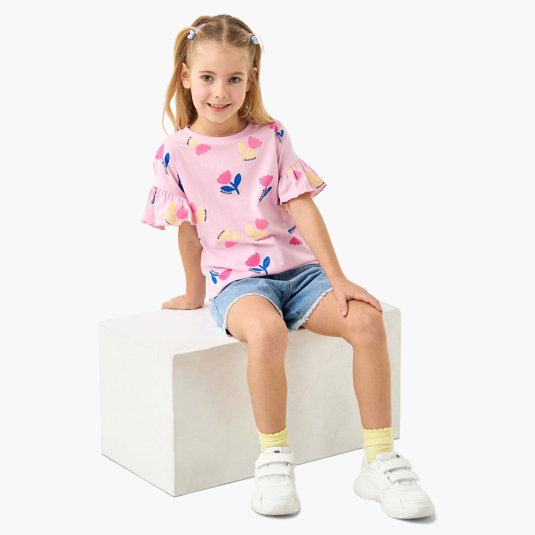 Juniors Floral Print T-shirt with Crew Neck and Ruffle Sleeves - Set of 2