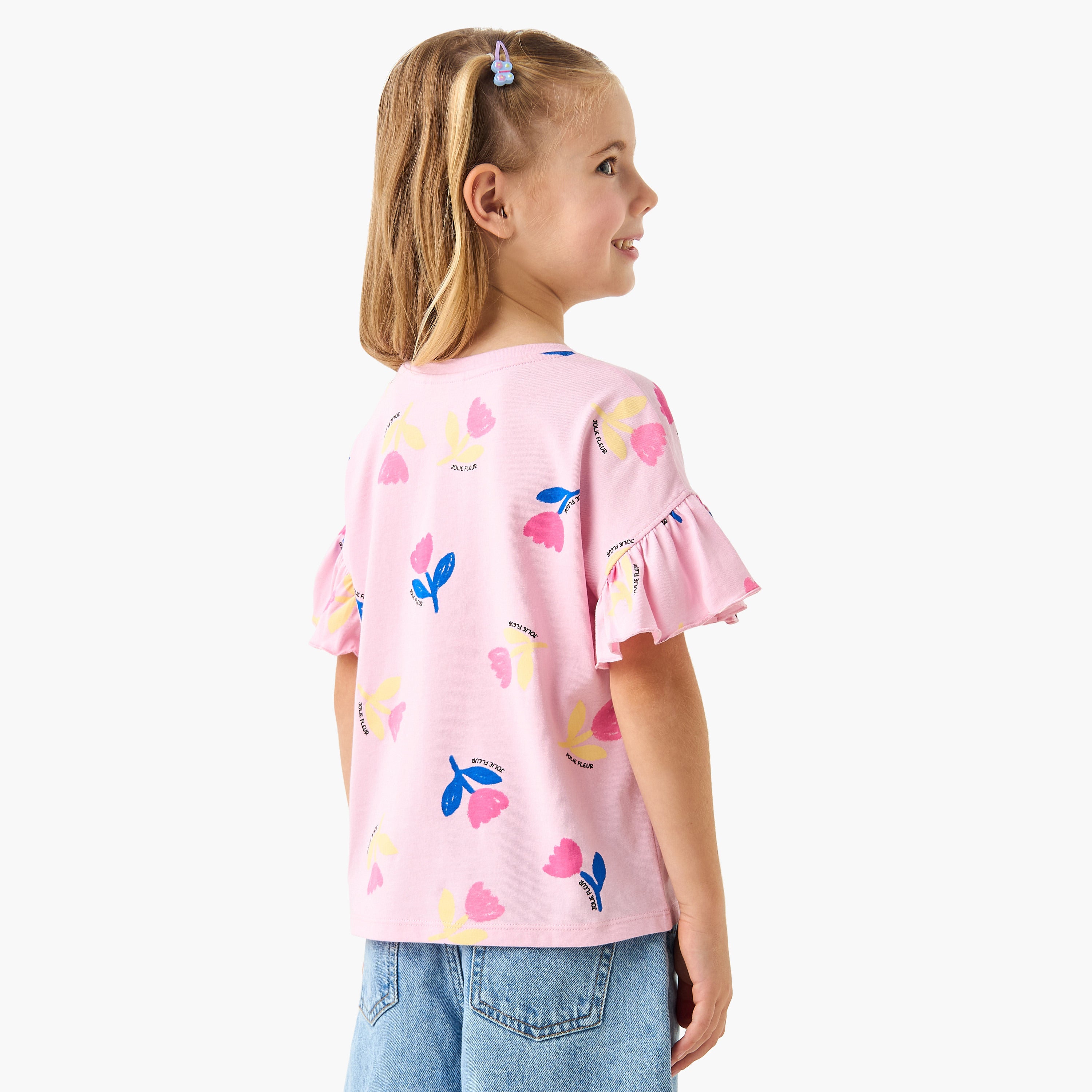 Juniors Floral Print T-shirt with Crew Neck and Ruffle Sleeves - Set of 2