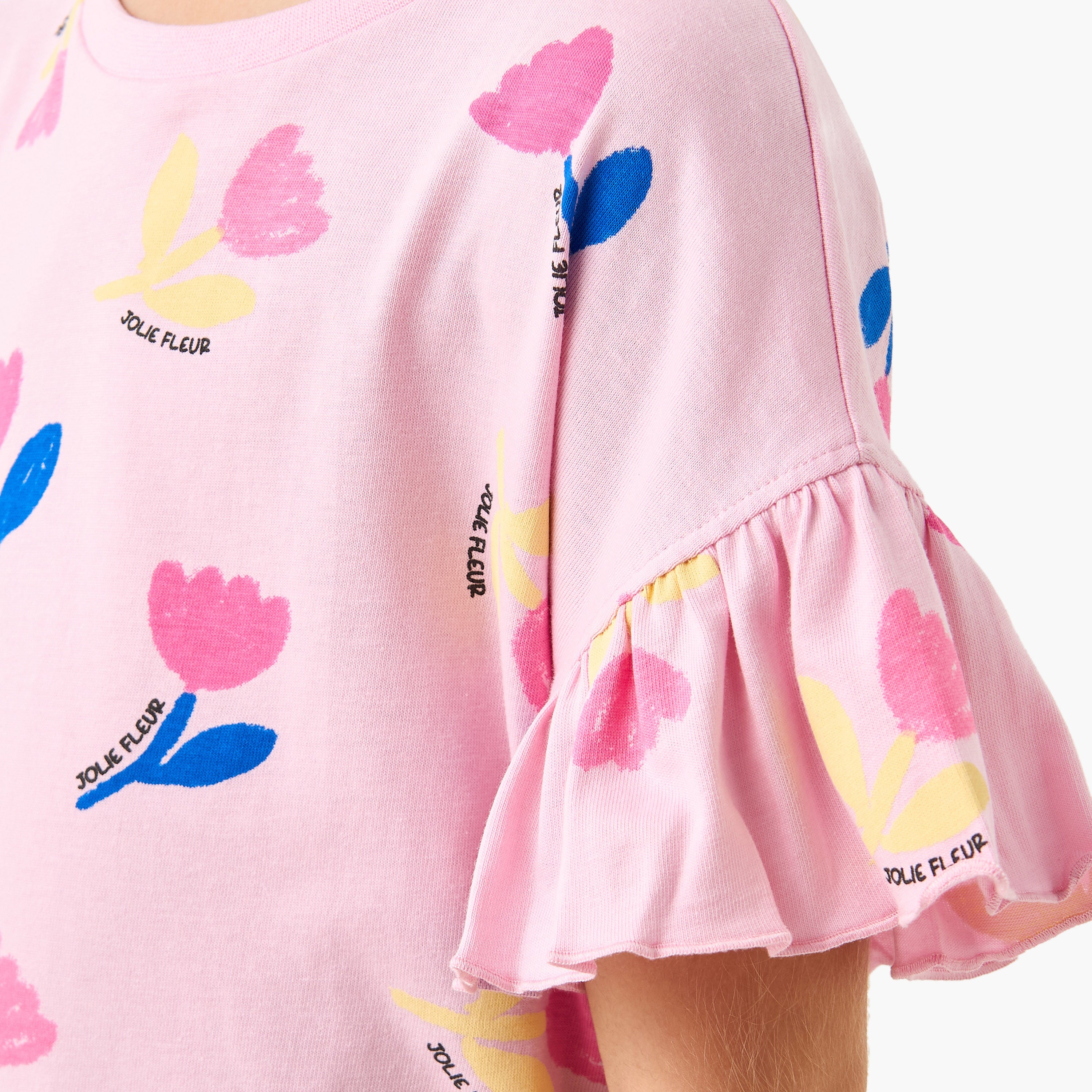 Juniors Floral Print T-shirt with Crew Neck and Ruffle Sleeves - Set of 2