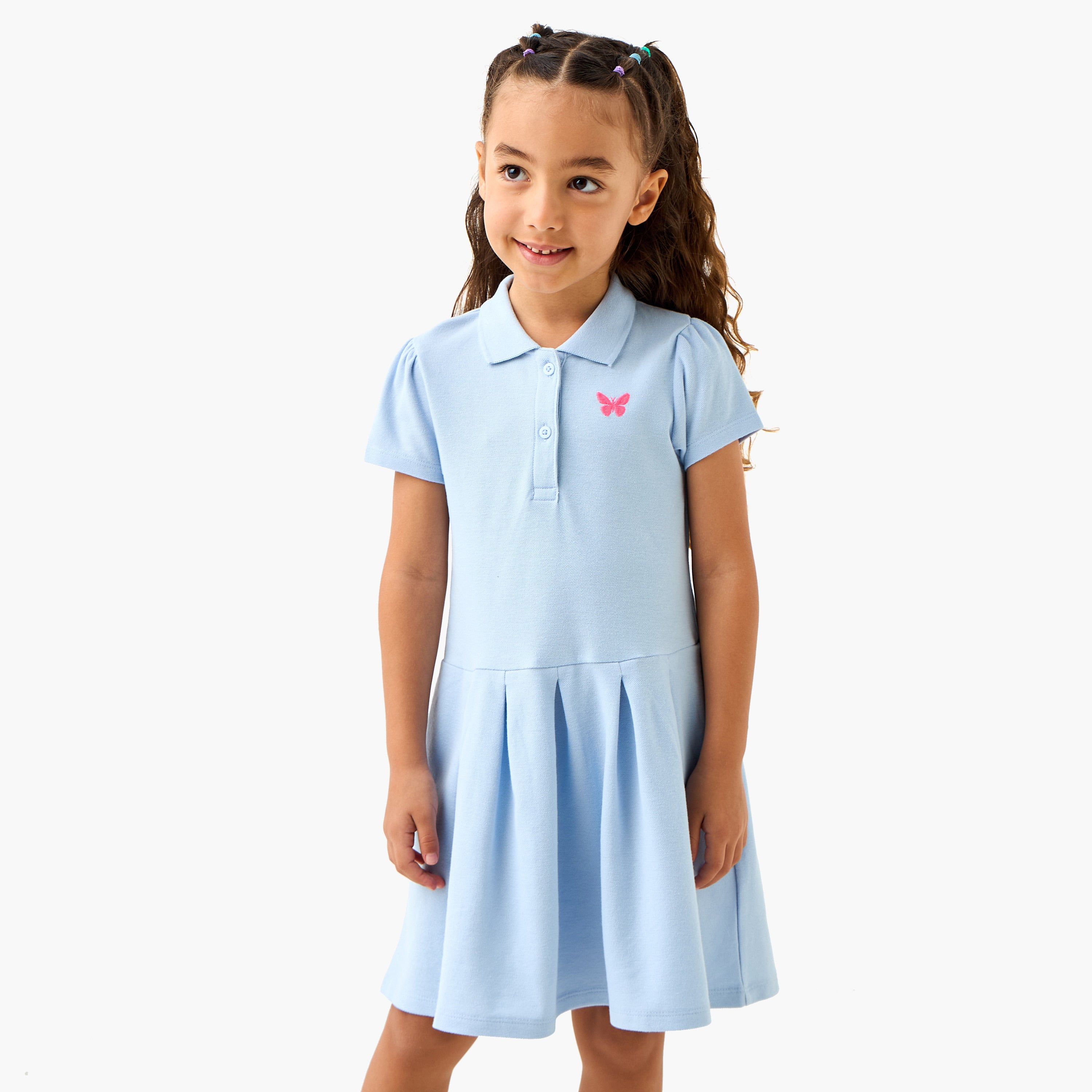 Juniors Butterfly Applique Polo Dress with Short Sleeves - Blue / 1-2 yrs