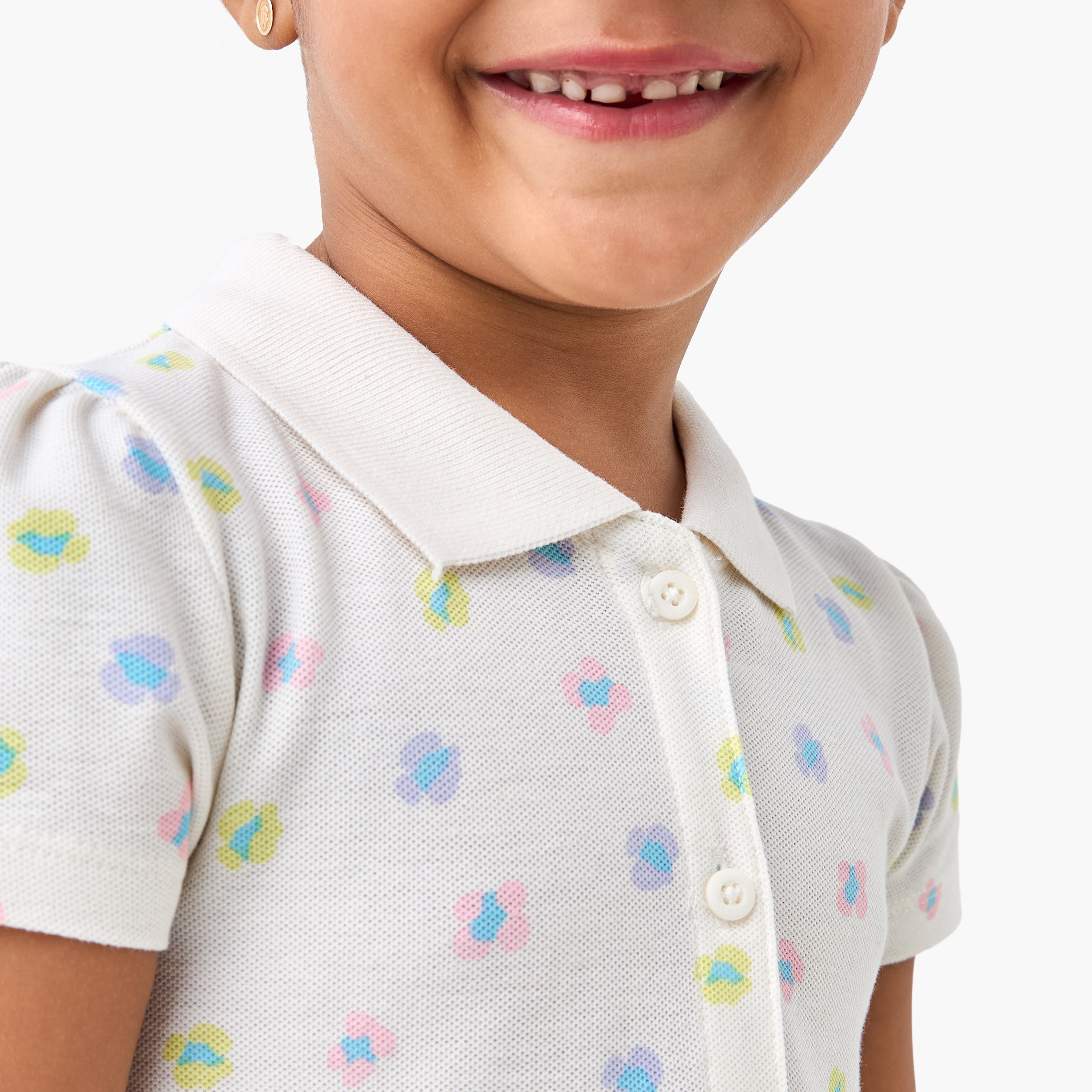 Juniors Floral Printed Polo Dress with Short Sleeves