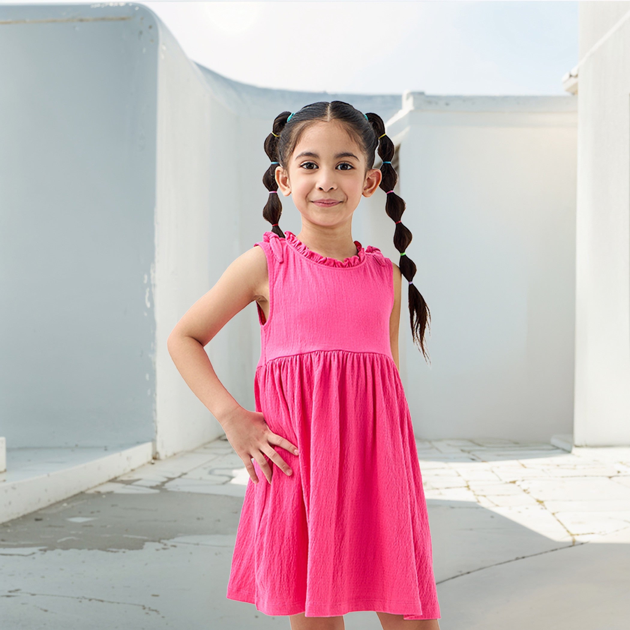 Juniors Textured Sleeveless Dress with Ruffle Trim and Bow Detail - Pink / 7-8 yrs