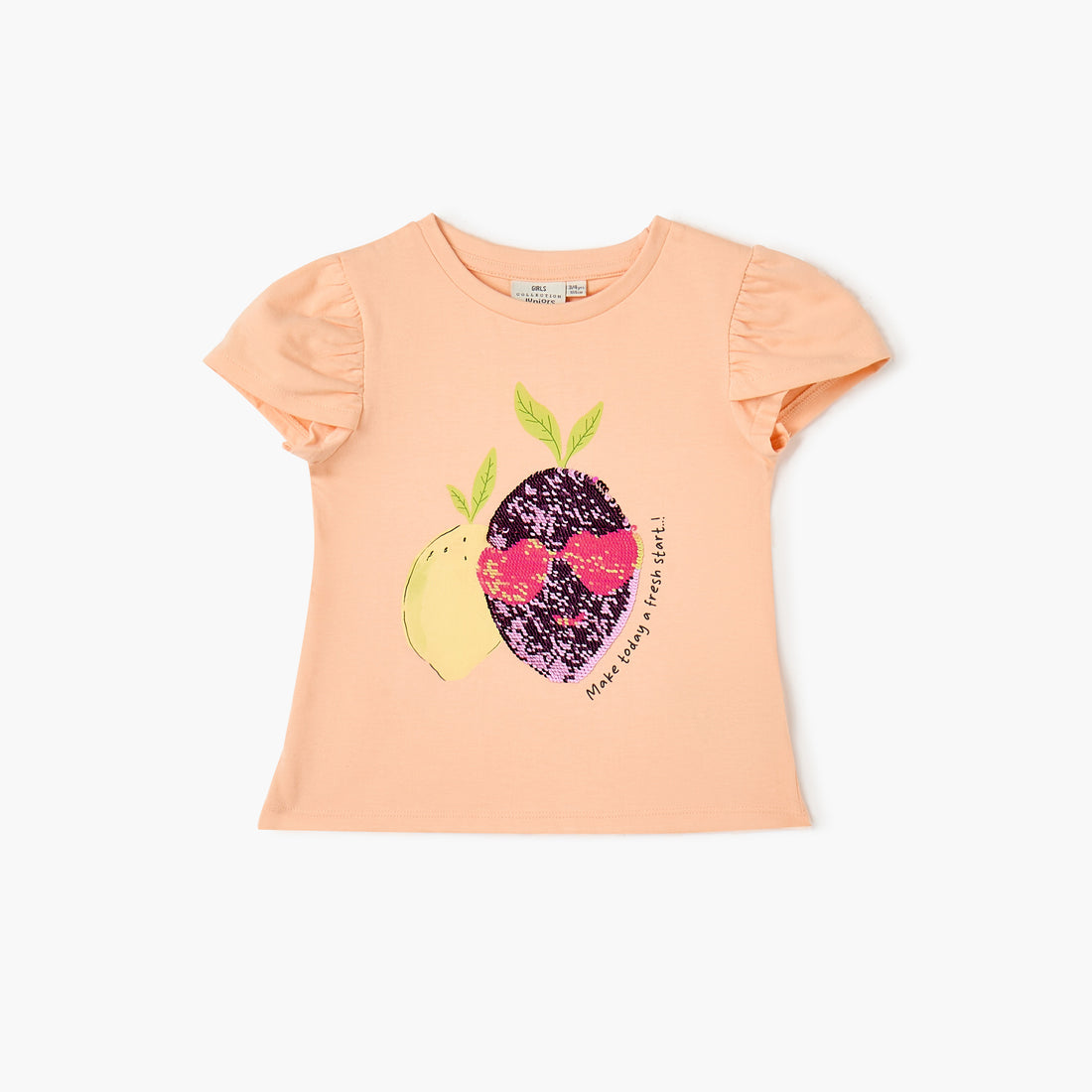Juniors Sequinned T-shirt with Short Sleeves - Orange / 1-2 yrs