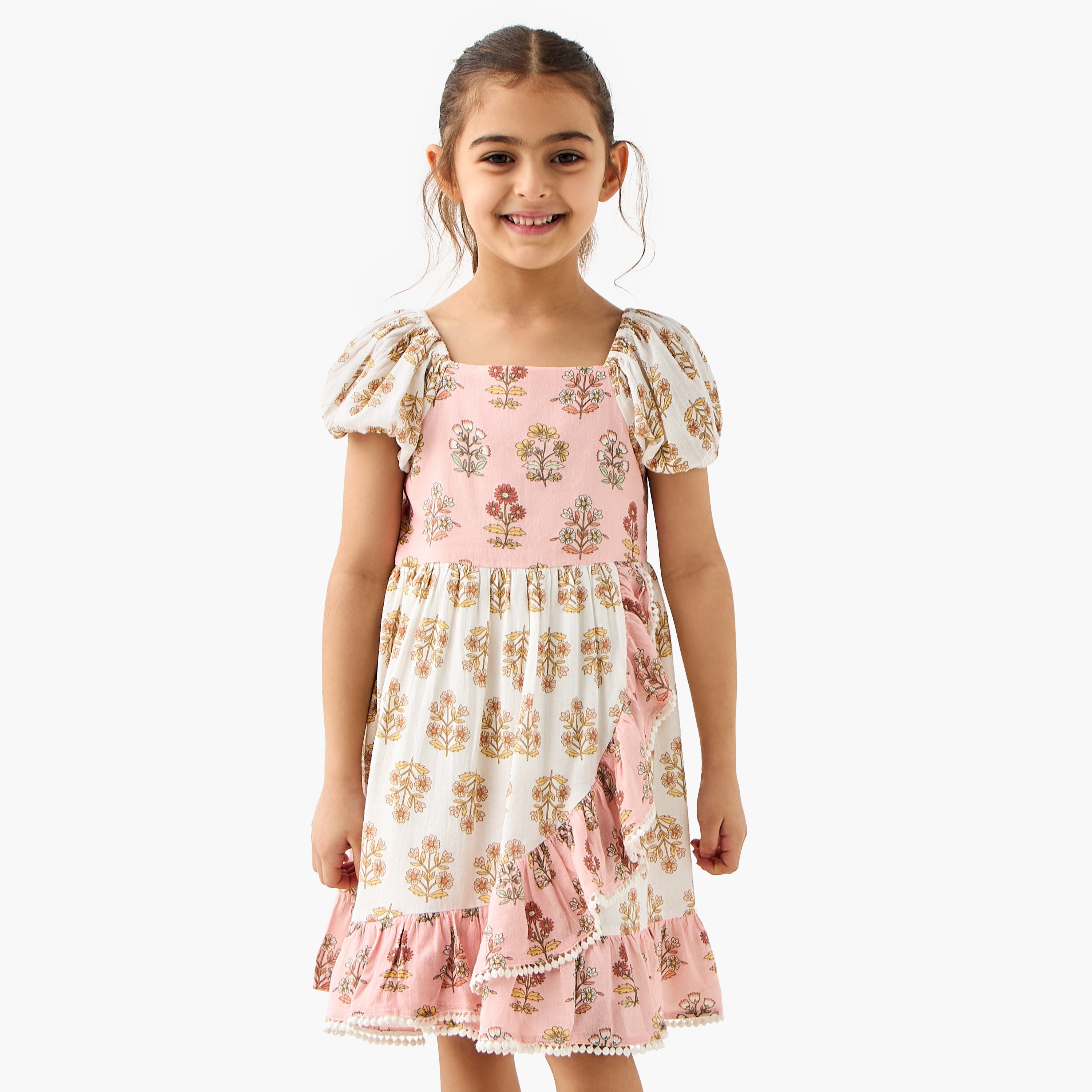Juniors All-Over Floral Print Dress with Puff Sleeves - Multicolour / 2-3 yrs